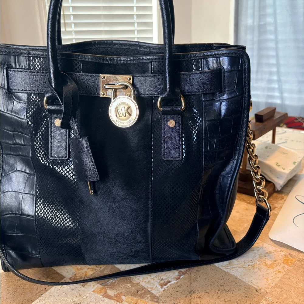 Black Croc-Embossed Leather Tote Bag
